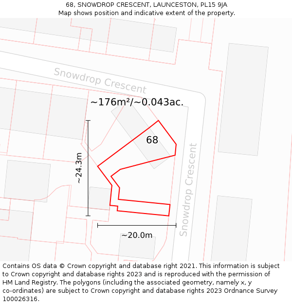 68, SNOWDROP CRESCENT, LAUNCESTON, PL15 9JA: Plot and title map