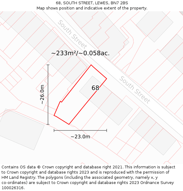 68, SOUTH STREET, LEWES, BN7 2BS: Plot and title map