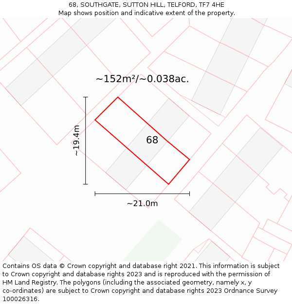 68, SOUTHGATE, SUTTON HILL, TELFORD, TF7 4HE: Plot and title map