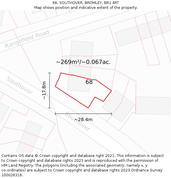 68, SOUTHOVER, BROMLEY, BR1 4RT: Plot and title map