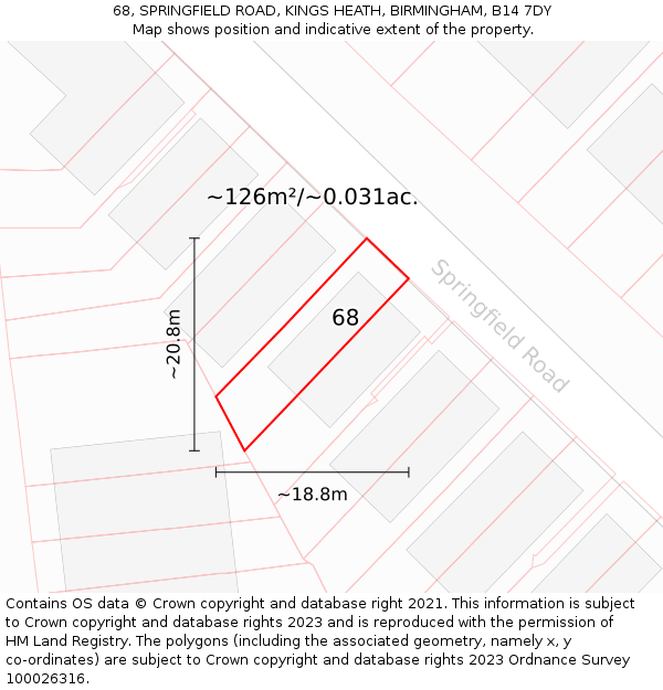 68, SPRINGFIELD ROAD, KINGS HEATH, BIRMINGHAM, B14 7DY: Plot and title map