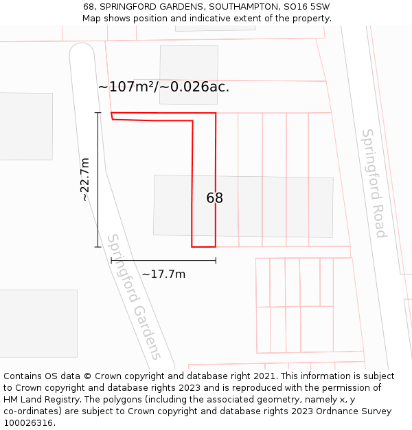 68, SPRINGFORD GARDENS, SOUTHAMPTON, SO16 5SW: Plot and title map