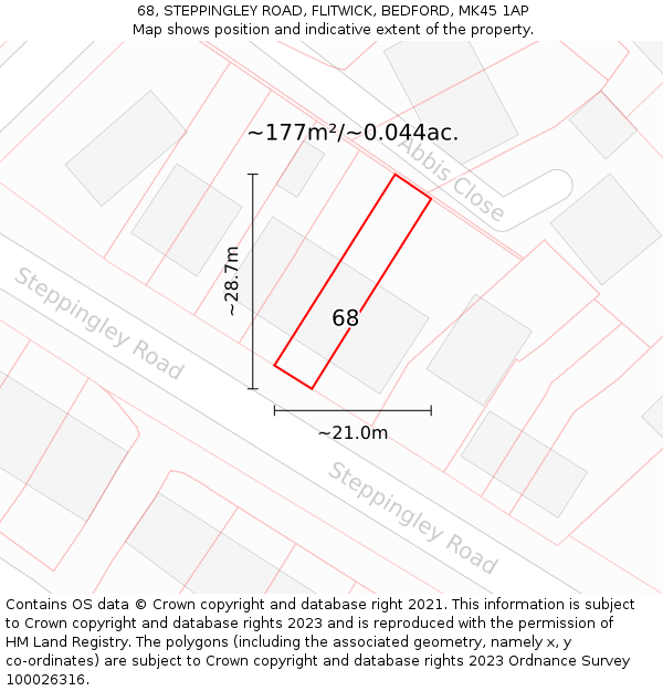68, STEPPINGLEY ROAD, FLITWICK, BEDFORD, MK45 1AP: Plot and title map