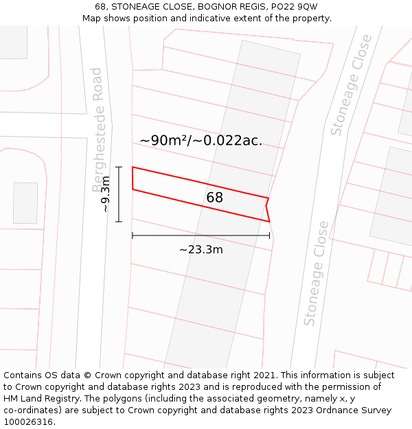 68, STONEAGE CLOSE, BOGNOR REGIS, PO22 9QW: Plot and title map