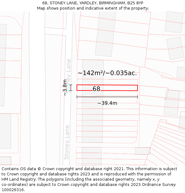 68, STONEY LANE, YARDLEY, BIRMINGHAM, B25 8YP: Plot and title map