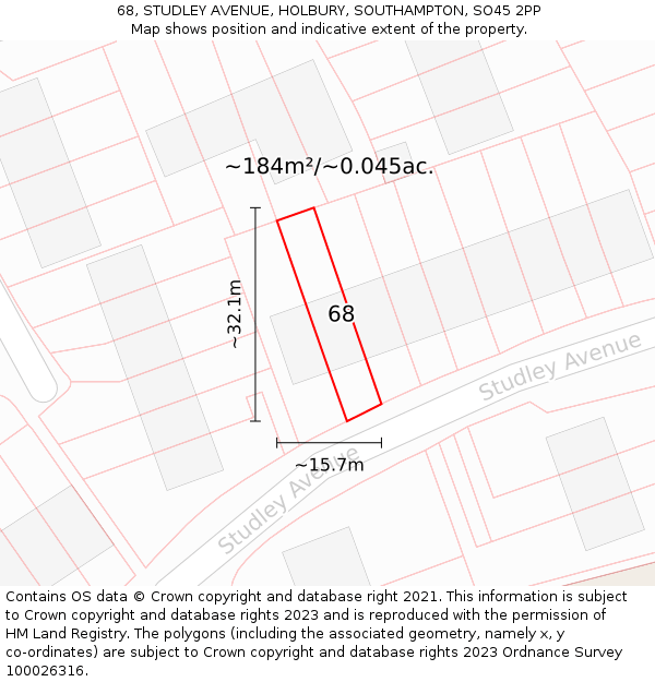 68, STUDLEY AVENUE, HOLBURY, SOUTHAMPTON, SO45 2PP: Plot and title map