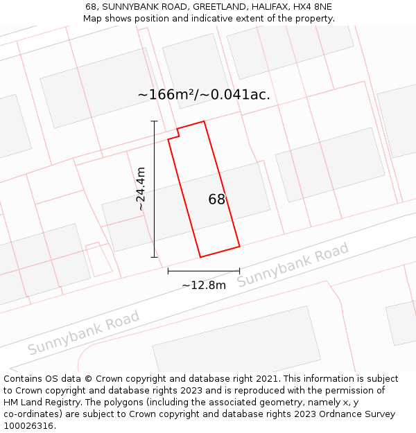 68, SUNNYBANK ROAD, GREETLAND, HALIFAX, HX4 8NE: Plot and title map