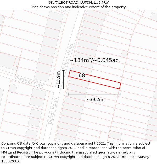 68, TALBOT ROAD, LUTON, LU2 7RW: Plot and title map