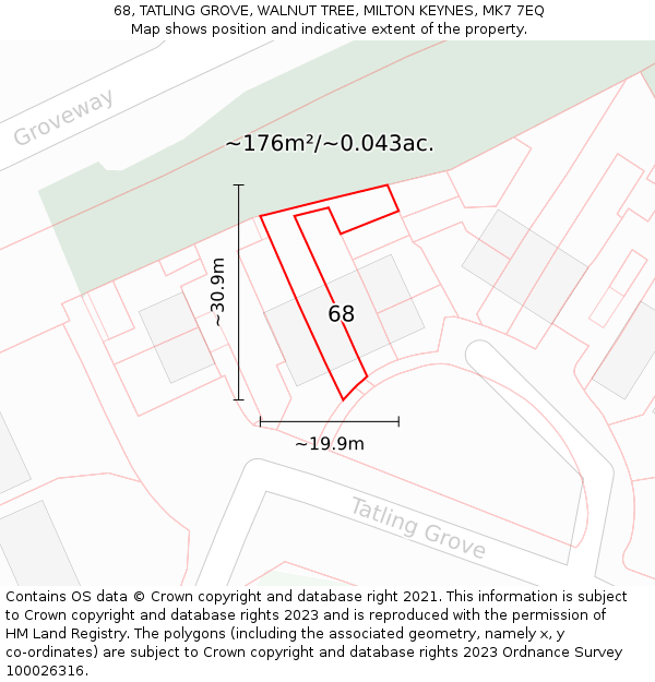 68, TATLING GROVE, WALNUT TREE, MILTON KEYNES, MK7 7EQ: Plot and title map