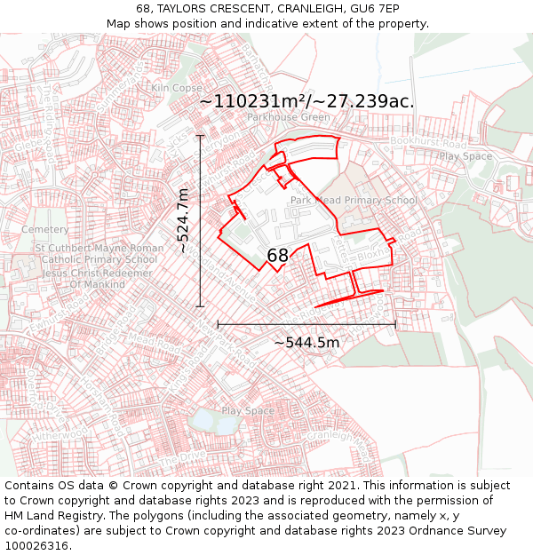 68, TAYLORS CRESCENT, CRANLEIGH, GU6 7EP: Plot and title map