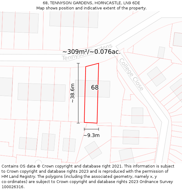 68, TENNYSON GARDENS, HORNCASTLE, LN9 6DE: Plot and title map