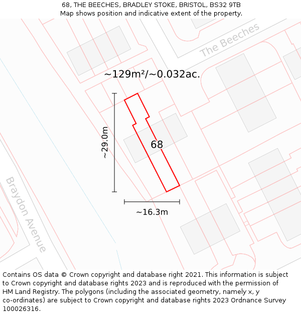 68, THE BEECHES, BRADLEY STOKE, BRISTOL, BS32 9TB: Plot and title map