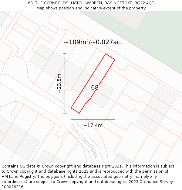 68, THE CORNFIELDS, HATCH WARREN, BASINGSTOKE, RG22 4QD: Plot and title map