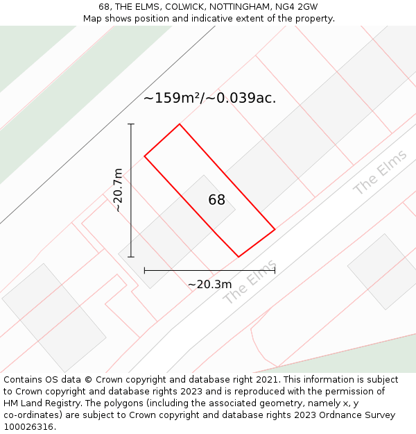 68, THE ELMS, COLWICK, NOTTINGHAM, NG4 2GW: Plot and title map