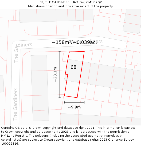 68, THE GARDINERS, HARLOW, CM17 9QX: Plot and title map