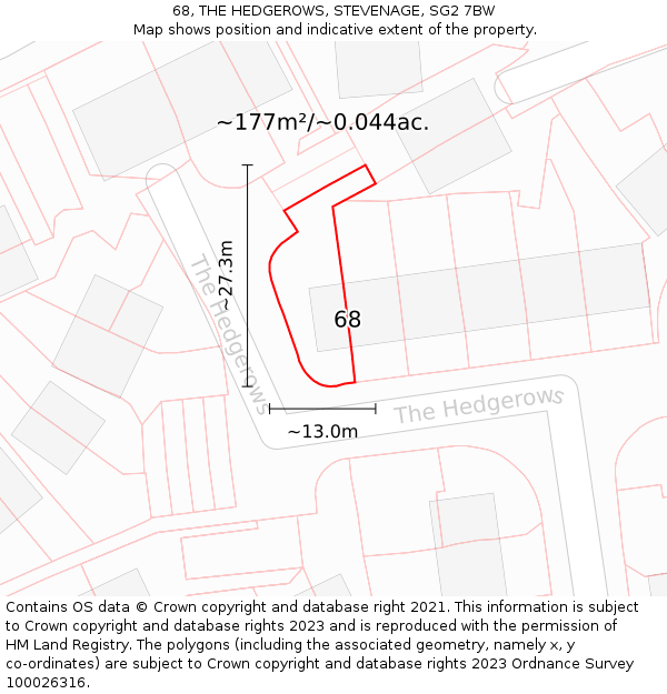 68, THE HEDGEROWS, STEVENAGE, SG2 7BW: Plot and title map