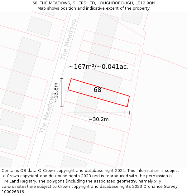 68, THE MEADOWS, SHEPSHED, LOUGHBOROUGH, LE12 9QN: Plot and title map