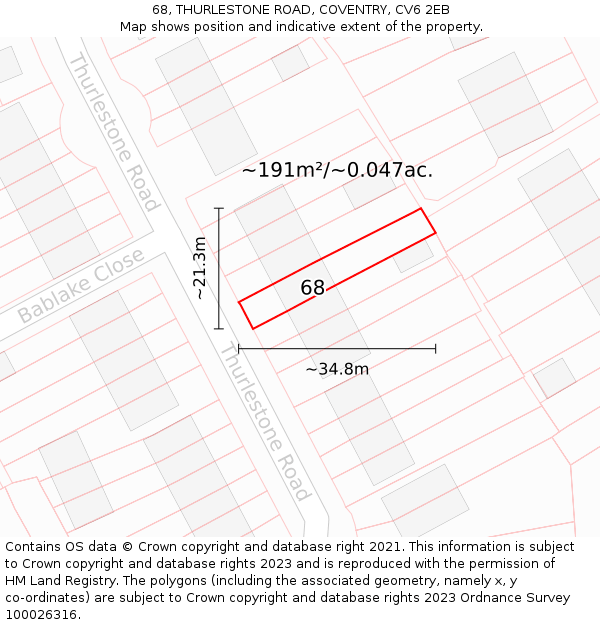 68, THURLESTONE ROAD, COVENTRY, CV6 2EB: Plot and title map