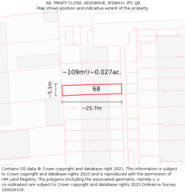 68, TRINITY CLOSE, KESGRAVE, IPSWICH, IP5 1JB: Plot and title map
