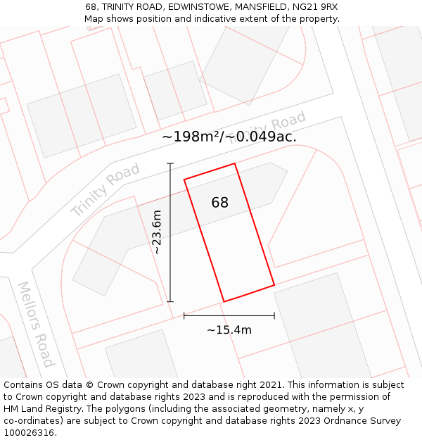 68, TRINITY ROAD, EDWINSTOWE, MANSFIELD, NG21 9RX: Plot and title map