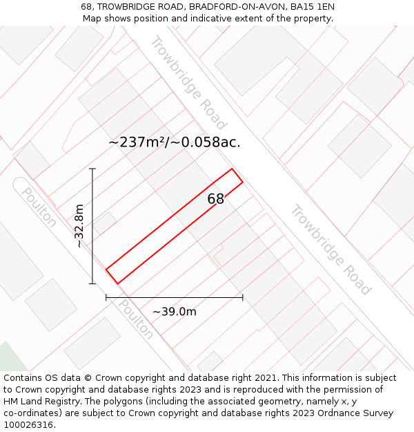68, TROWBRIDGE ROAD, BRADFORD-ON-AVON, BA15 1EN: Plot and title map