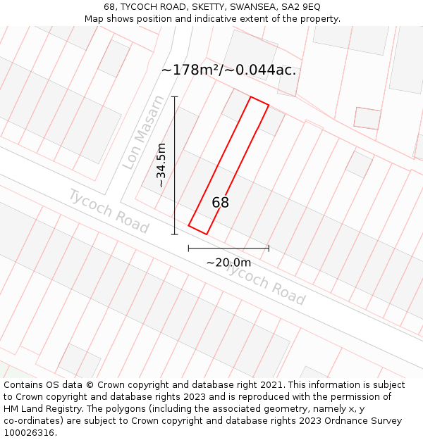 68, TYCOCH ROAD, SKETTY, SWANSEA, SA2 9EQ: Plot and title map