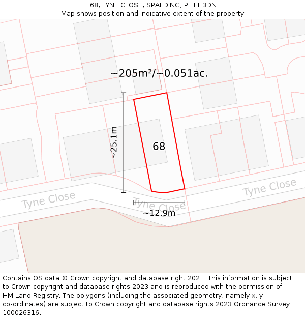68, TYNE CLOSE, SPALDING, PE11 3DN: Plot and title map