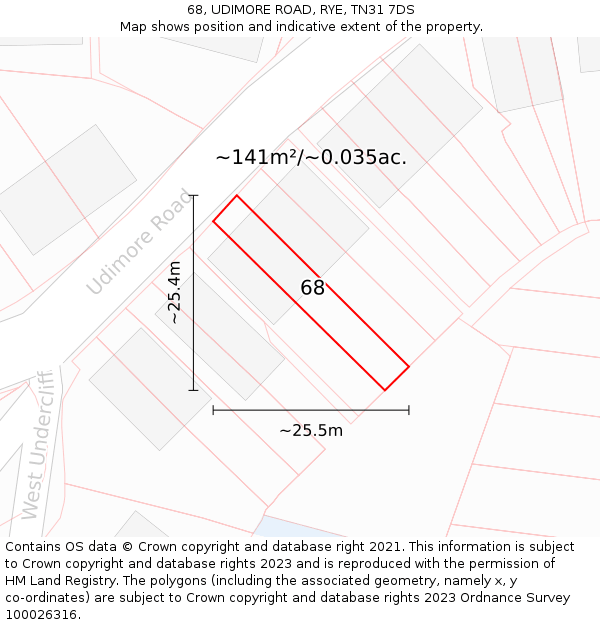 68, UDIMORE ROAD, RYE, TN31 7DS: Plot and title map