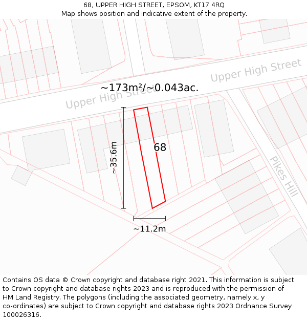 68, UPPER HIGH STREET, EPSOM, KT17 4RQ: Plot and title map