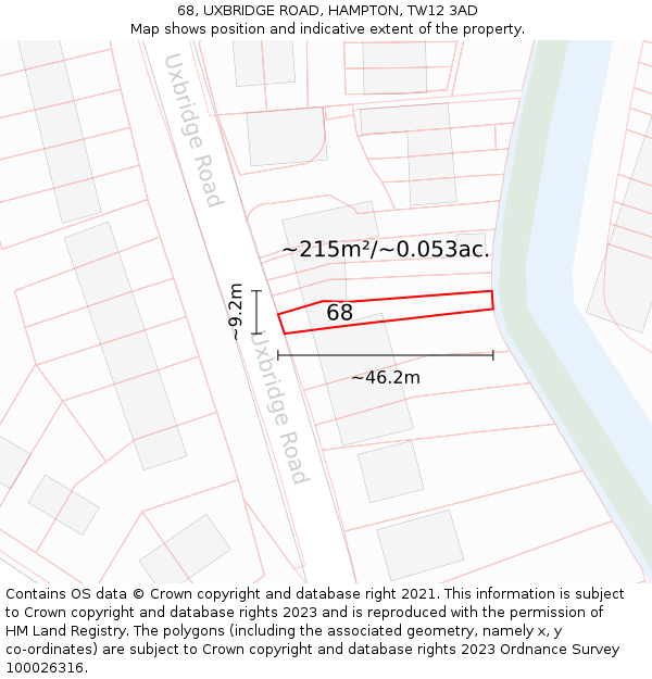 68, UXBRIDGE ROAD, HAMPTON, TW12 3AD: Plot and title map