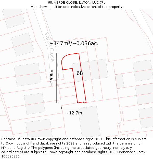 68, VERDE CLOSE, LUTON, LU2 7FL: Plot and title map