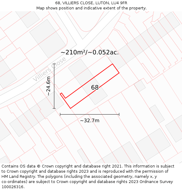 68, VILLIERS CLOSE, LUTON, LU4 9FR: Plot and title map