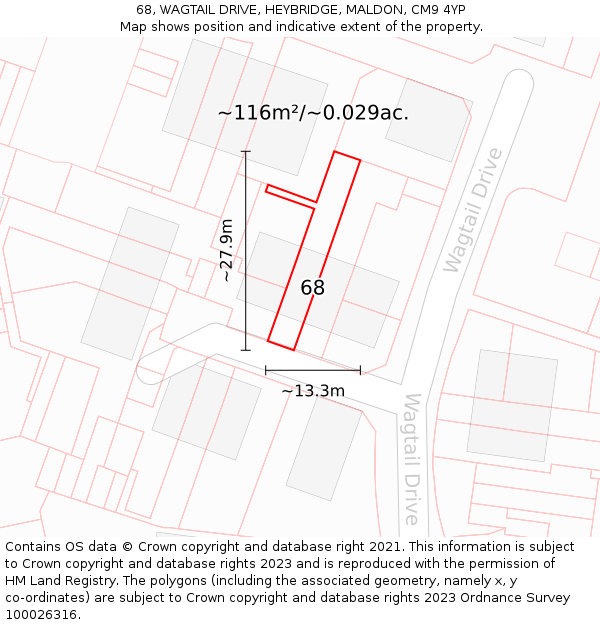 68, WAGTAIL DRIVE, HEYBRIDGE, MALDON, CM9 4YP: Plot and title map