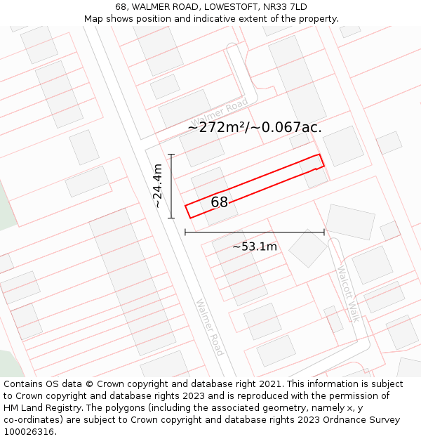 68, WALMER ROAD, LOWESTOFT, NR33 7LD: Plot and title map