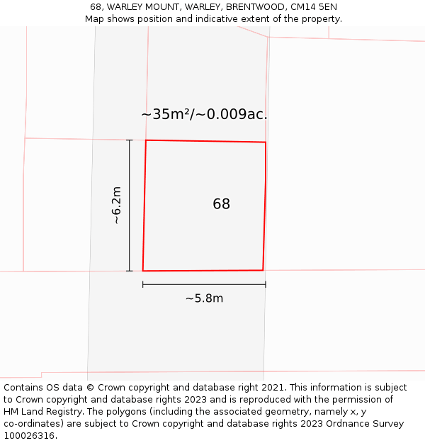 68, WARLEY MOUNT, WARLEY, BRENTWOOD, CM14 5EN: Plot and title map