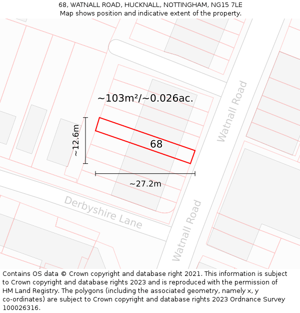 68, WATNALL ROAD, HUCKNALL, NOTTINGHAM, NG15 7LE: Plot and title map