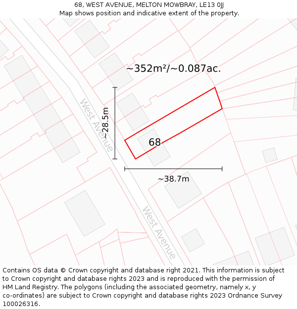 68, WEST AVENUE, MELTON MOWBRAY, LE13 0JJ: Plot and title map