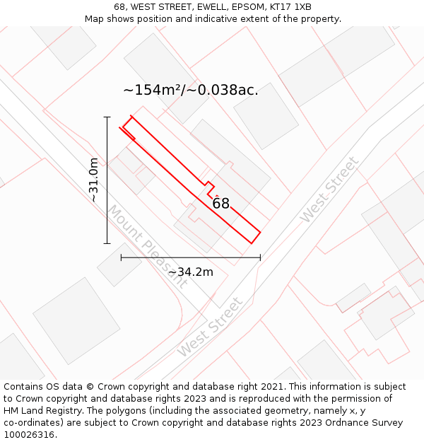 68, WEST STREET, EWELL, EPSOM, KT17 1XB: Plot and title map