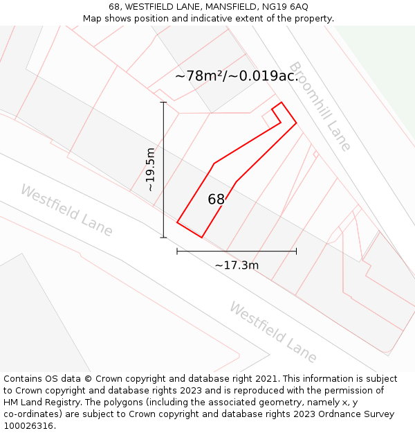 68, WESTFIELD LANE, MANSFIELD, NG19 6AQ: Plot and title map