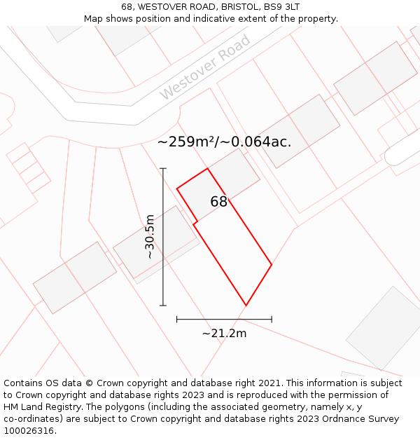 68, WESTOVER ROAD, BRISTOL, BS9 3LT: Plot and title map