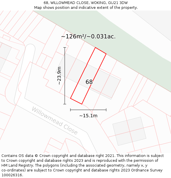 68, WILLOWMEAD CLOSE, WOKING, GU21 3DW: Plot and title map