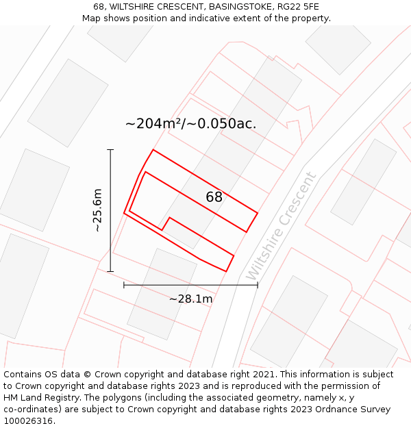 68, WILTSHIRE CRESCENT, BASINGSTOKE, RG22 5FE: Plot and title map