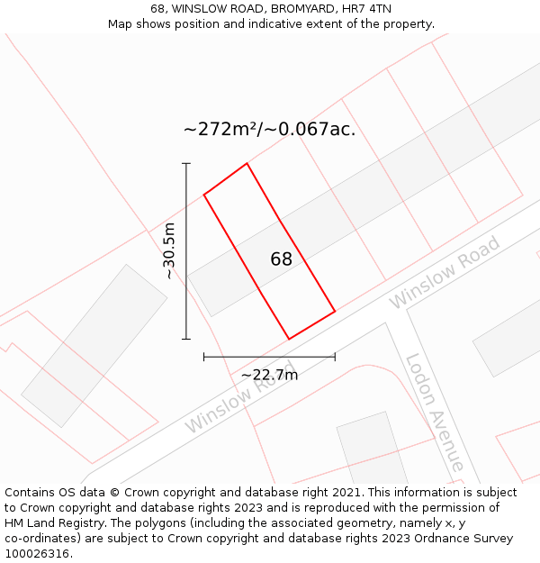 68, WINSLOW ROAD, BROMYARD, HR7 4TN: Plot and title map