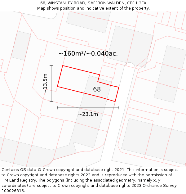 68, WINSTANLEY ROAD, SAFFRON WALDEN, CB11 3EX: Plot and title map