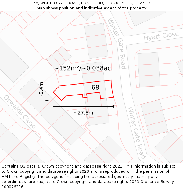 68, WINTER GATE ROAD, LONGFORD, GLOUCESTER, GL2 9FB: Plot and title map