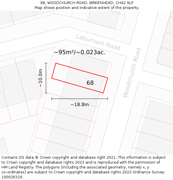 68, WOODCHURCH ROAD, BIRKENHEAD, CH42 9LP: Plot and title map
