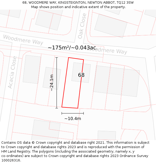 68, WOODMERE WAY, KINGSTEIGNTON, NEWTON ABBOT, TQ12 3SW: Plot and title map
