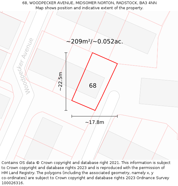 68, WOODPECKER AVENUE, MIDSOMER NORTON, RADSTOCK, BA3 4NN: Plot and title map