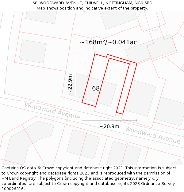 68, WOODWARD AVENUE, CHILWELL, NOTTINGHAM, NG9 6RD: Plot and title map