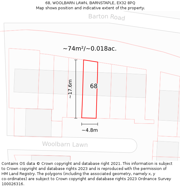 68, WOOLBARN LAWN, BARNSTAPLE, EX32 8PQ: Plot and title map